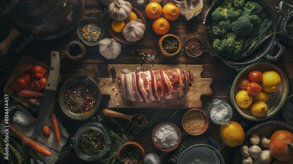 A rustic kitchen scene with ingredients laid out for preparing triple-layer pork belly, a labor of love.