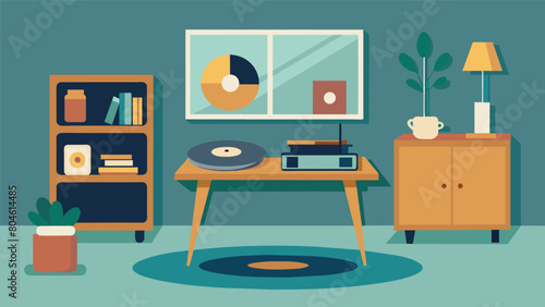 A serene living room setting with a record player p on a midcentury modern side table showcasing the DIY kits ability to seamlessly fit in with any Vector illustration