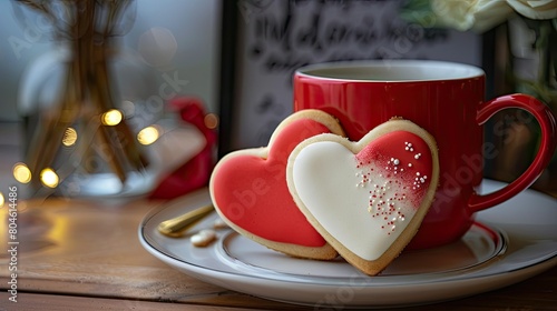 Delight your loved one on Valentine s Day or Mother s Day with heart shaped cookies displayed on a coffee cup creating a charming gift that will surely surprise them Ample space is availabl photo