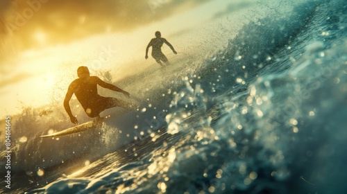 An early morning surf session, surfers catching waves with detailed spray and motion