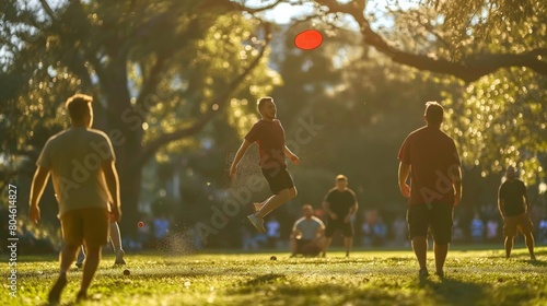 A group of friends playing ultimate frisbee in a park, capturing a leaping catch, focus on the expressions and flying disc, the background softly blurred showing trees and spectators photo