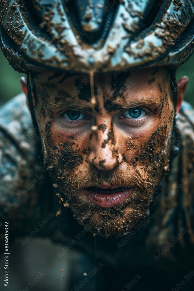 Intense Close-Up of Muddy Mountain Biker Showcasing Gritty Determination Amidst Lush Greenery
Intense Close-Up of Muddy Mountain Biker Showcasing Gritty Determination Amidst Lush Greenery