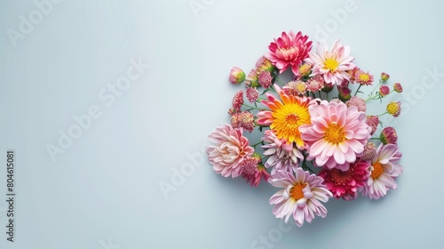 A stunning bouquet of chrysanthemums set against a crisp white background creating the perfect flat lay for a joyful Mother s Day postcard International Women s Day greeting or a vibrant bi