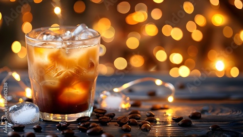 Refreshing and Inviting Scene: Iced Coffee on Rustic Table with Cozy Lights. Concept Coffee Photography, Rustic Vibes, Cozy Atmosphere, Cold Drinks, Food Styling