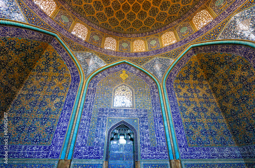 Sheikh Lotfollah Mosque, Isfahan, Iran - March 5, 2024: The mosque's intricate Islamic tiles showcase the grandeur of Safavid-era architecture.