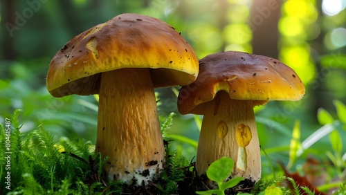 Macro shot of two Boletus Edulis mushrooms flourishing in woodland. Concept Macro Photography, Boletus Edulis, Woodland Fungi, Nature Close-up, Mushroom Studies
