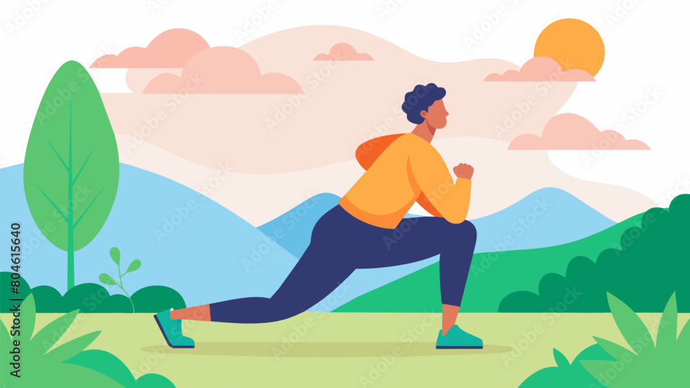 Taking a moment to observe your surroundings and appreciate the beauty of nature while engaging in bodyweight exercises such as lunges and squats. Vector illustration