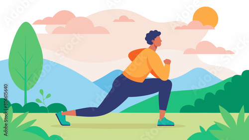 Taking a moment to observe your surroundings and appreciate the beauty of nature while engaging in bodyweight exercises such as lunges and squats. Vector illustration