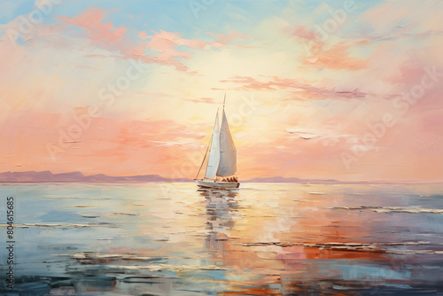 Sailboats gliding across calm waters as the sun sets in the distance, painting the sky with pastel hues, isolated on solid white background.