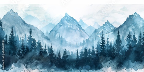 Rugged Watercolor Forest Landscape with Mountains Generative AI #804616096