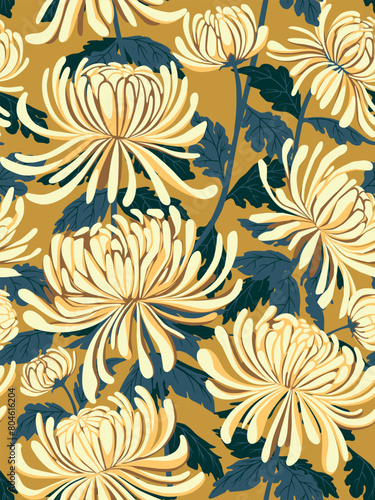 Hand drawn seamless pattern with beautiful chrysanthemums and leaves. Vector illustration, retro style. Can be used for embroidering flowers, wallpaper, etc.