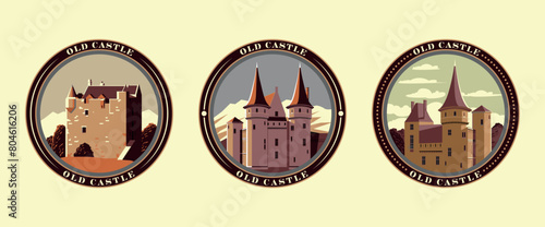 Medieval castles and fortresses flat design vector stickers set. Handmade drawing vector illustration. Retro style.