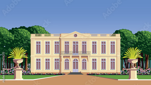 Traditional romantic old chateau with garden, flowering beds and trees. Handmade drawing vector illustration. photo
