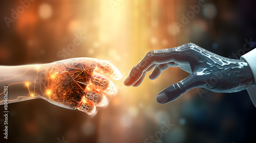 A human hand reaching out to touch a robotic  hand. Futuristic AI and Machine Learning #804616283