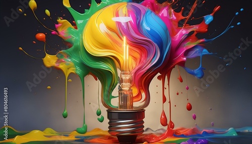 Creativity cocnept, with lightbulb made from oil paint mix, Ai generative illustration
 photo