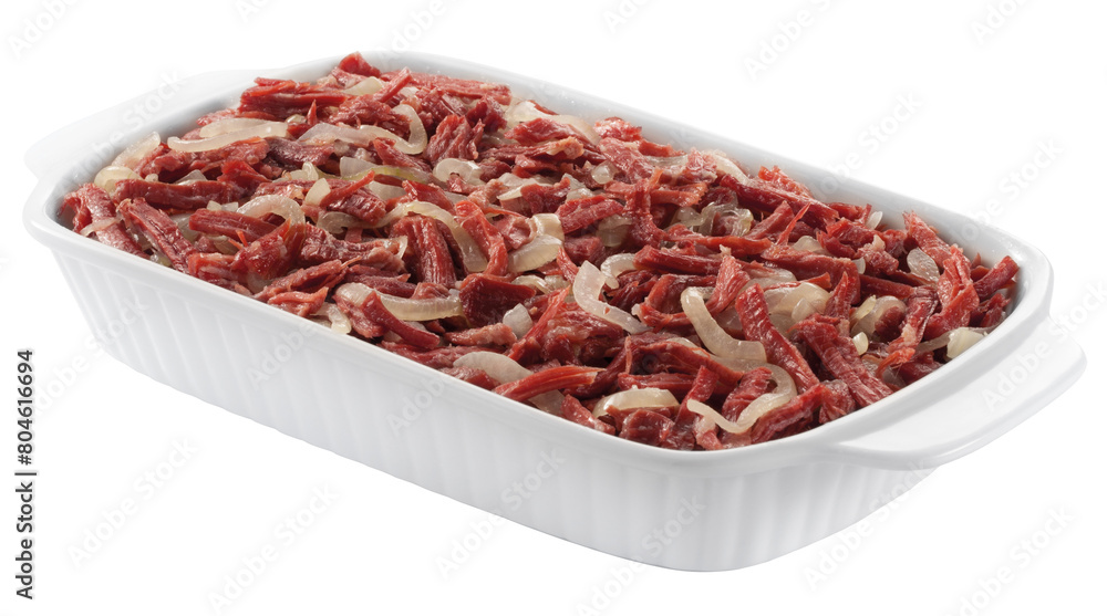 tigela com carne seca desfiada com cebola grelhada isolado em fundo transparente tigela com carne seca desfiada com cebola grelhada isolado em fundo transparente