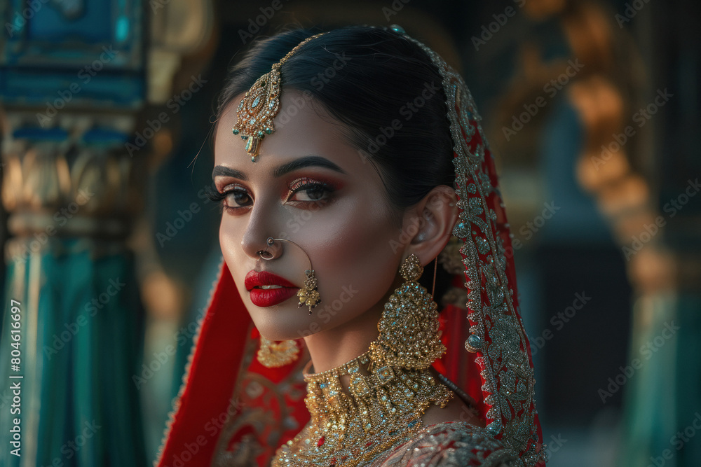indian bride posing in traditional lehenga and jewelry