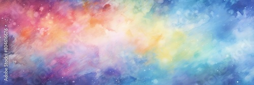 A vibrant watercolor background featuring a rainbow of colors including magenta  electric blue  and more. The colors create a beautiful pattern reminiscent of the sky