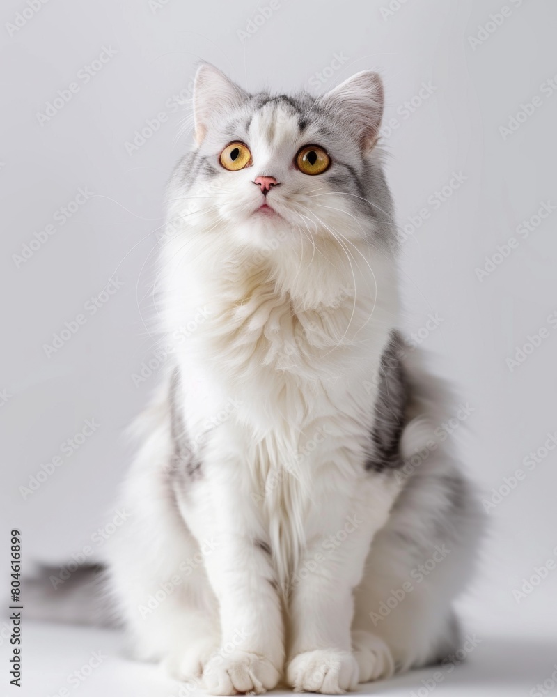 Gray and white American Curl cat sitting gracefully on a clean white floor Gray and white American Curl cat sitting gracefully on a clean white floor