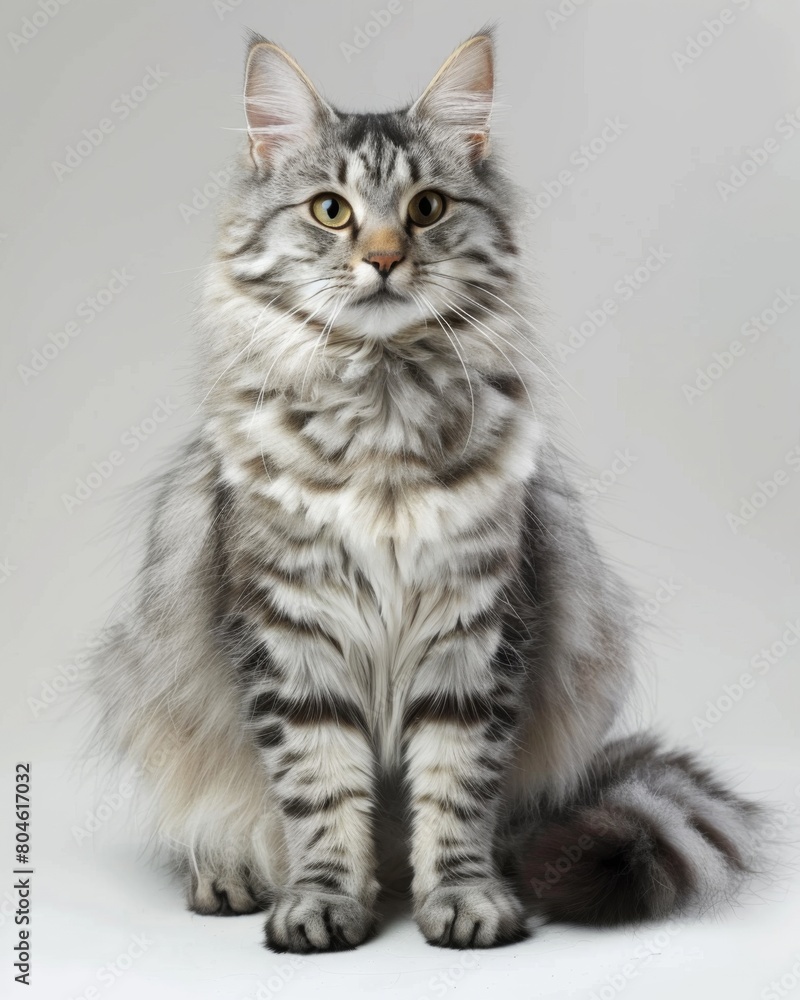 A regal gray and black American Bobtail cat rests on a pristine white floor