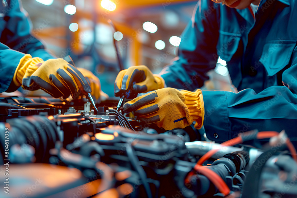 close up of Team of Mechanics Working on Car Engine Assembly in Automotive Factory close up of Team of Mechanics Working on Car Engine Assembly in Automotive Factory