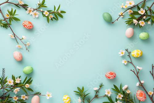 A pastel-colored Easter background with painted eggs and twigs. With free space for text.
