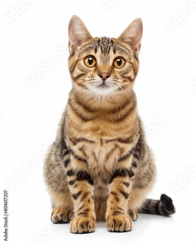 An Arabian Mau cat sitting, locking eyes with the camera in a captivating gaze