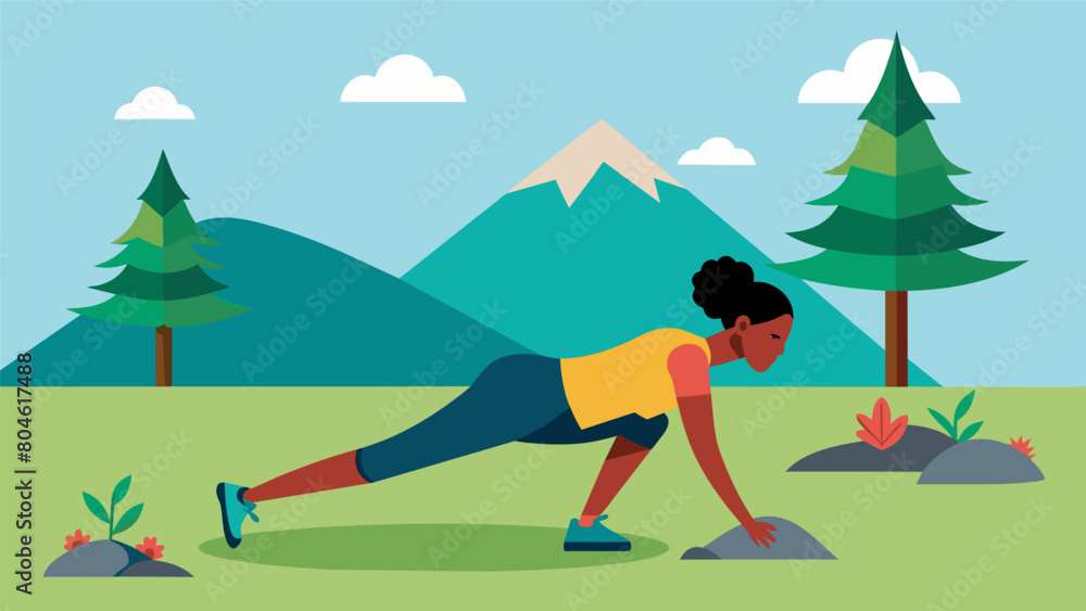 Stop at designated points along the trail for bodyweight exercises using nearby trees and rocks for props and support.. Vector illustration