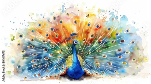 watercolor painting of a peacock with its tail feathers spread in a rainbow of colors.