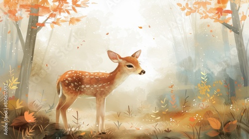 _The image is a watercolor painting of a deer standing in a forest photo