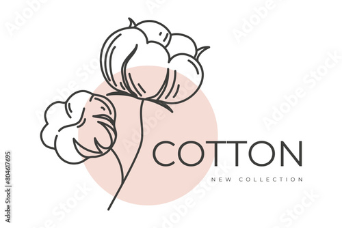 Organic ripe cotton sprout logo in line drawn on beige circle with text. Flat doodle style. Vector illustration.
