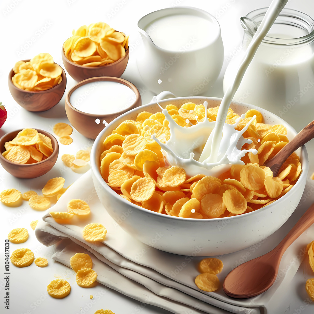 Corn flakes with milk splash isolated on white background Corn flakes with milk splash isolated on white background