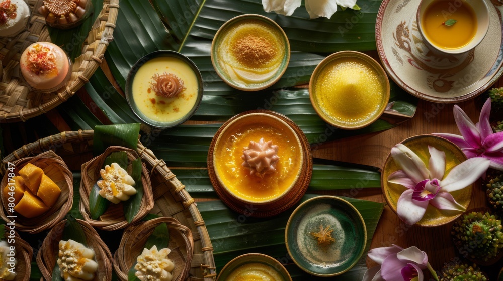 A traditional Thai dessert spread with 'Khanom Mor Kaeng,' sweet custard in intricate molds.