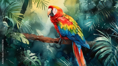 Wallpaper Mural A multi-colored parrot sits on a branch in a jungle setting. Torontodigital.ca