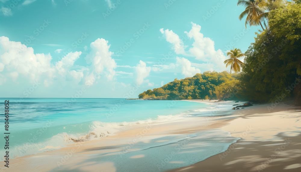 A realistic scene of an Idyllic Caribbean beach with golden sands and blue water