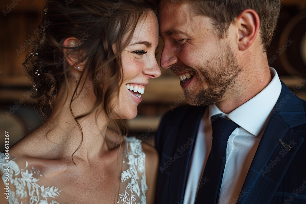 Couple in formal attire sharing a lighthearted moment of laughter inside a rustic barn, capturing the trend of relaxed yet sophisticated weddings Couple in formal attire sharing a lighthearted moment of laughter inside a rustic barn, capturing the trend of relaxed yet sophisticated weddings