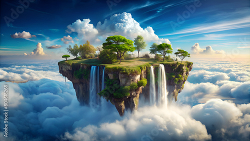 A treecovered floating island with a waterfall amidst the clouds photo