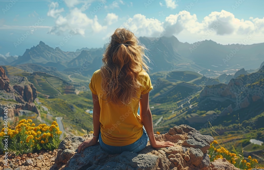 Naklejka premium Young woman perched atop hill, gazing into distance, contemplating life's vastness and possibilities