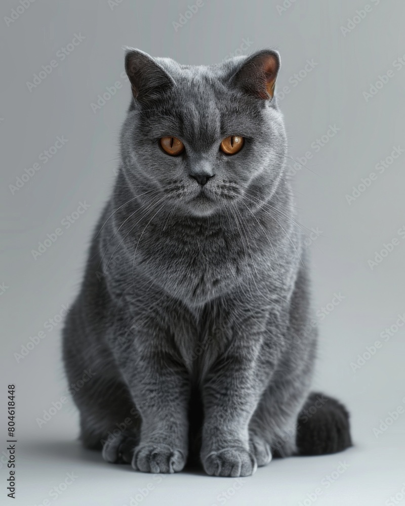 A British Shorthair cat elegantly sits on a clean white floor