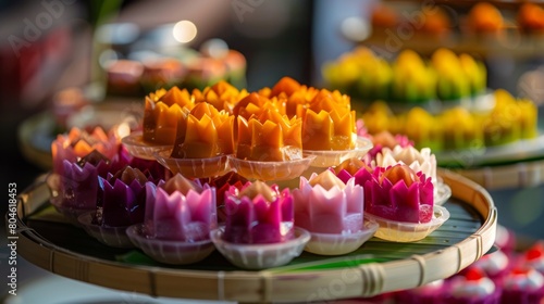 A tray of 'Khanom Chan,' layered Thai steamed cakes in vibrant colors, a feast for the eyes."