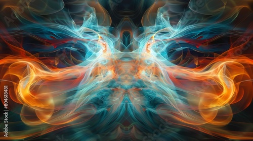 A mesmerizing abstract artwork featuring swirling blue and orange smoke-like fractal patterns, creating a sense of mystical energy and movement against a dark background.