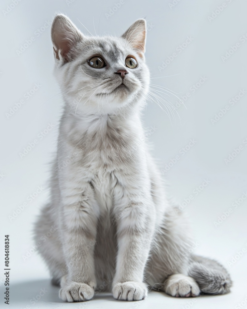 White and gray Burmilla cat sitting gracefully on top of a white floor White and gray Burmilla cat sitting gracefully on top of a white floor