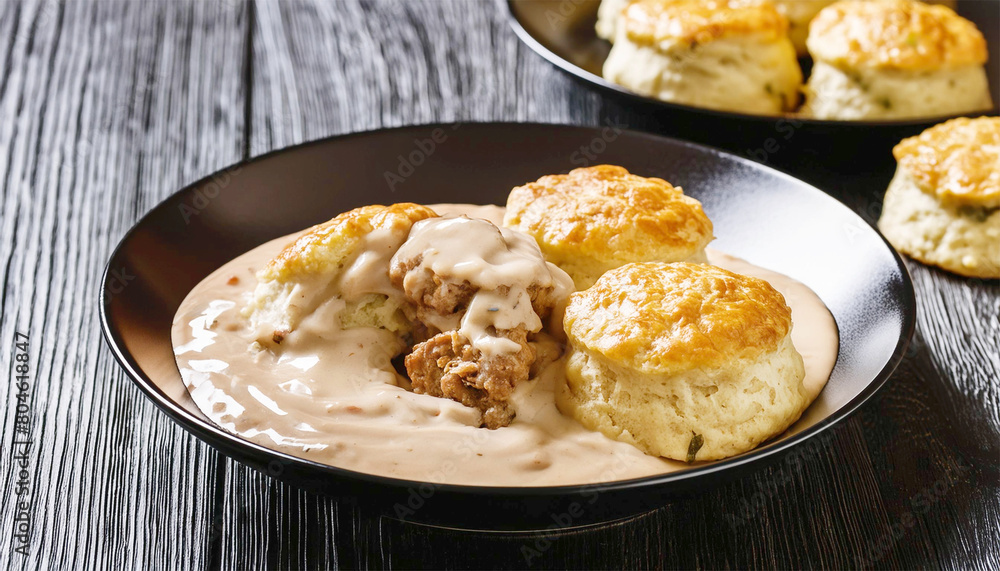Biscuits and sasage gravy, creamy savory breakfast. Biscuits and sasage gravy, creamy savory breakfast.