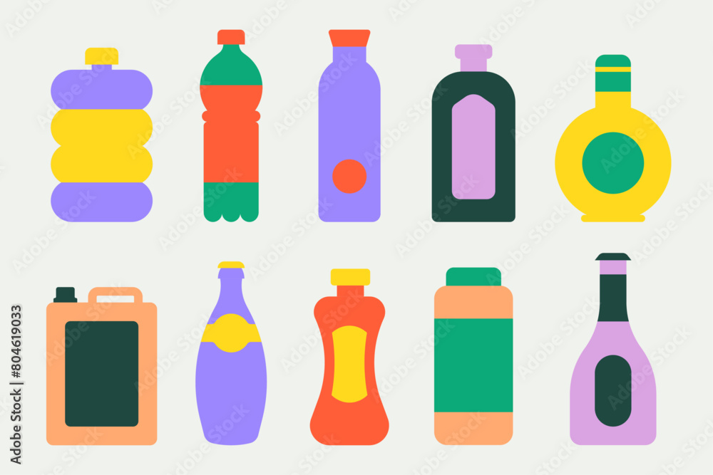 Set of various flat vector drinks, food and detergent bottles Set of various flat vector drinks, food and detergent bottles