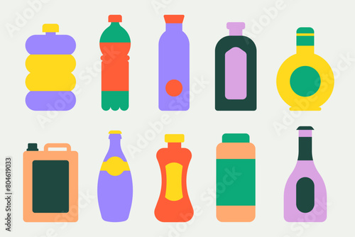 Set of various flat vector drinks, food and detergent bottles