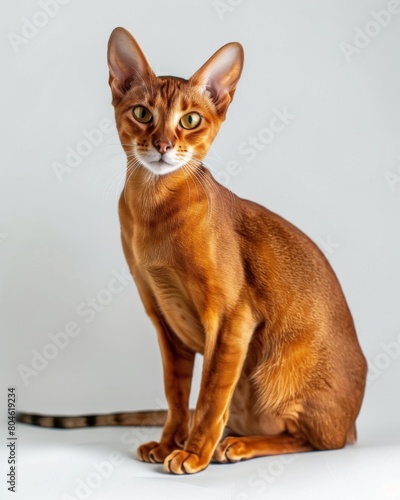 Brown cheetoh cat sitting majestically on a pristine white floor photo