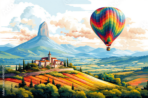 A colorful hot air balloon drifting over a picturesque countryside dotted with patchwork fields, isolated on solid white background.