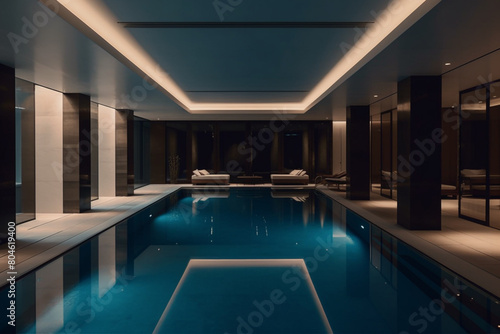 A modern indoor swimming pool area with sleek design features and ample seating options. Soft ambient lighting creates a relaxing atmosphere  perfect for unwinding after a long day.