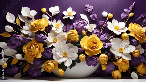 A digital illustration showcasing a vibrant yellow, purple, and white floral symphony arranged in a three-panel wall art format. The illustration should capture the beauty and elegance of the flowers  photo