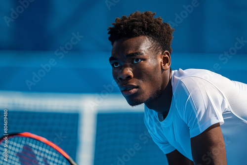 Male tennis player poised in anticipation, awaiting his opponent's serve with focus and determination photo